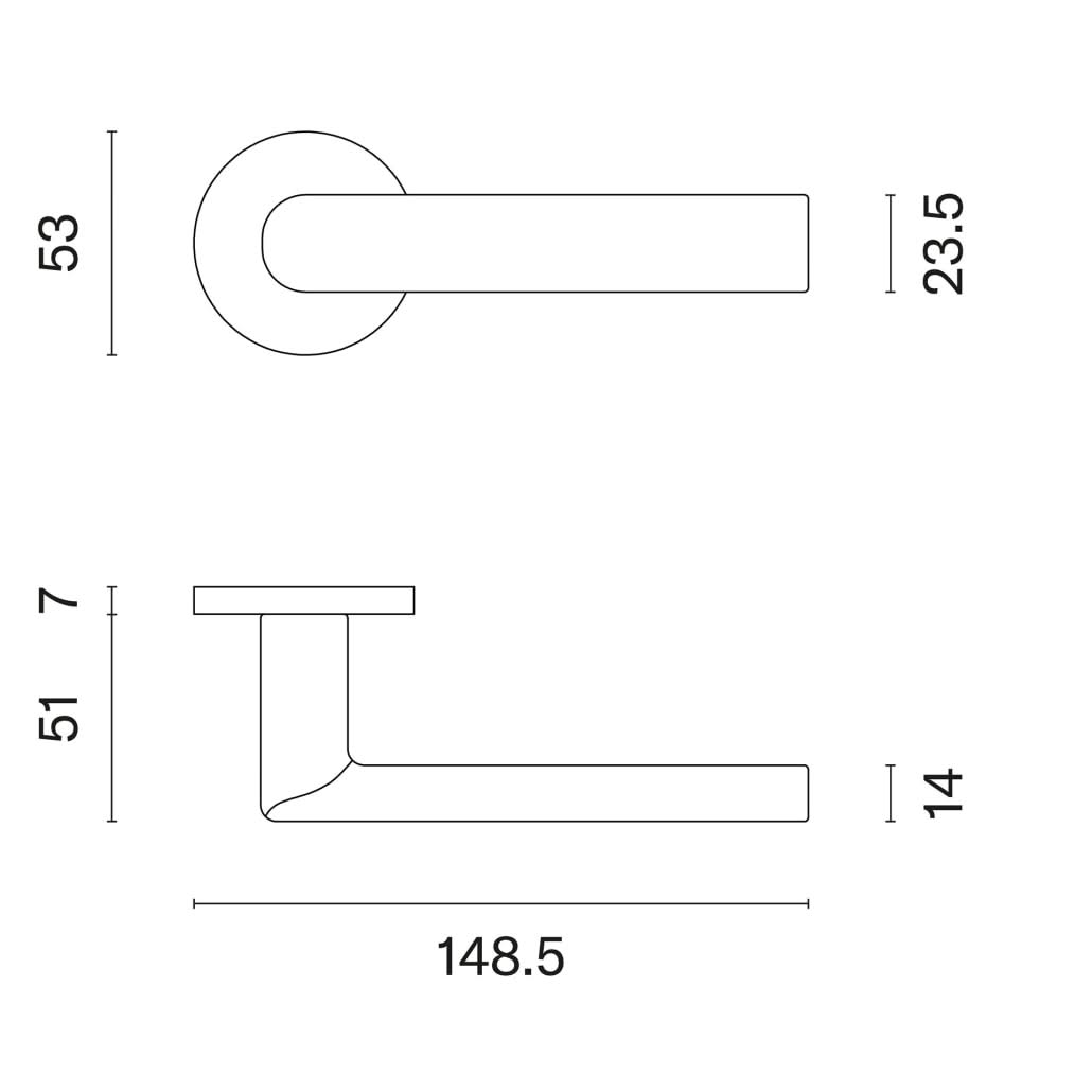 Aprile Silena massieve deurkruk technische maattekening met rozet Ø 52 mm en doornmaat 8x8 mm