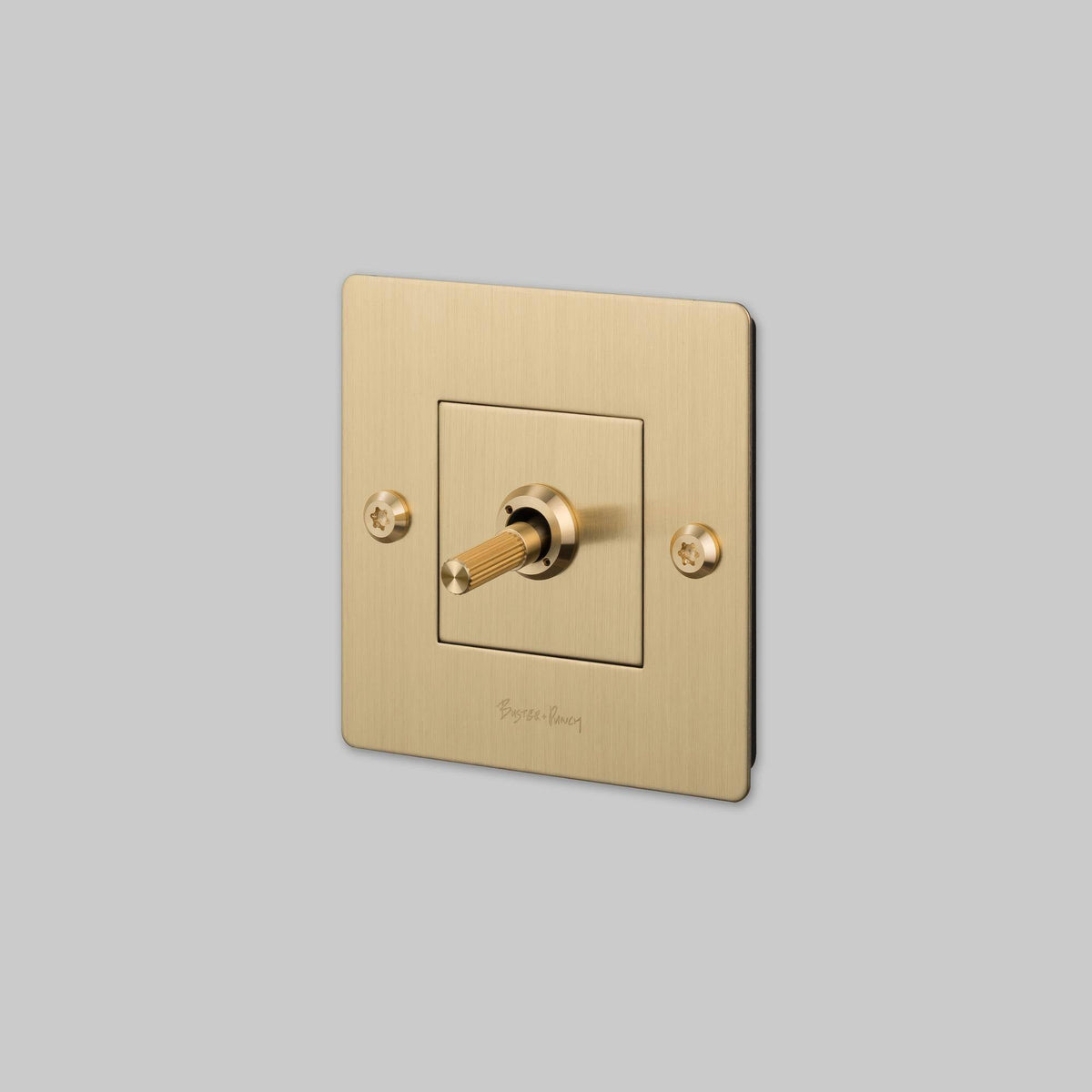Buster + Punch lichtschakelaar tuimelschakelaar linear goud met logo vooraanzicht