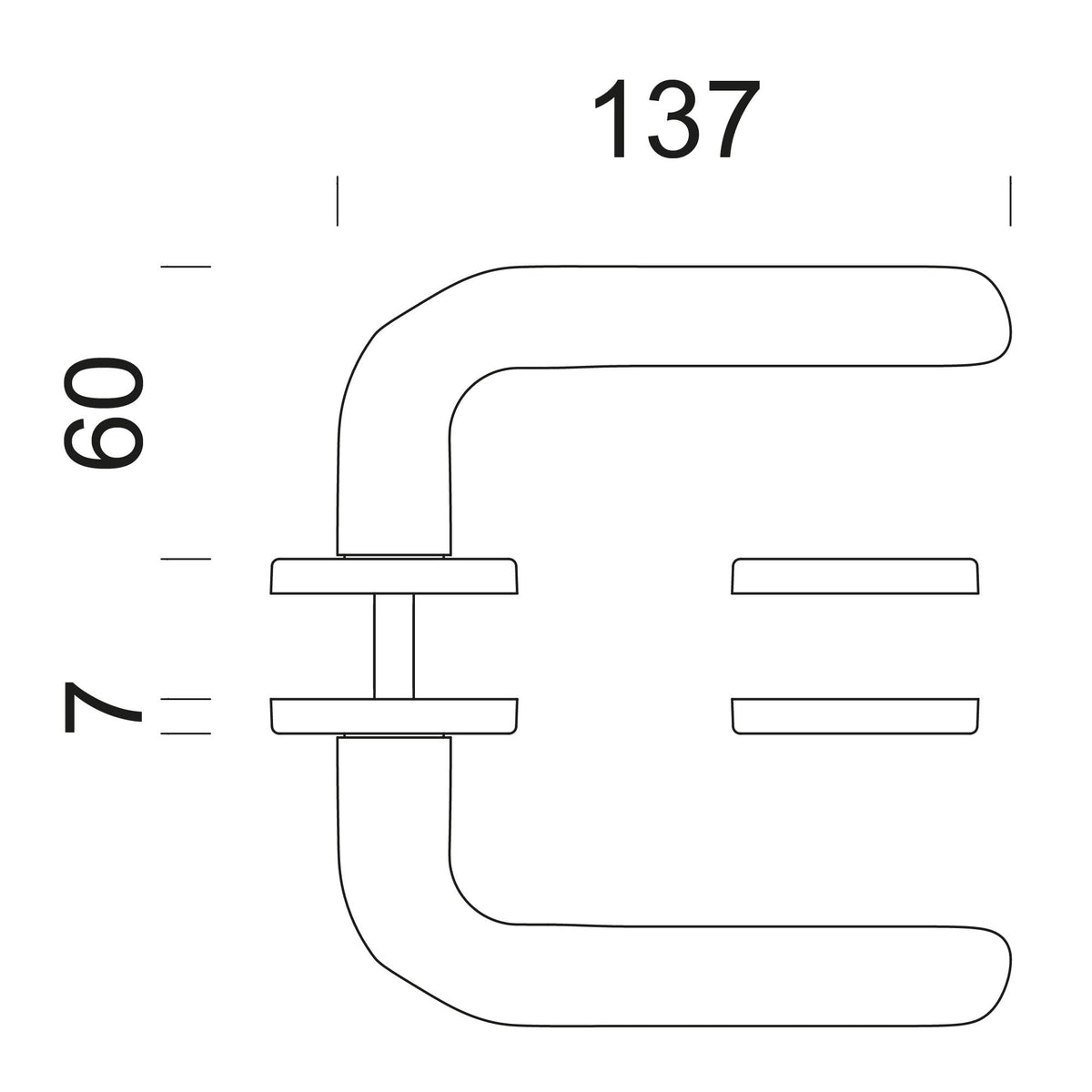 Technische tekening DND deurkruk Chop – montage en deurdikte 38-45 mm