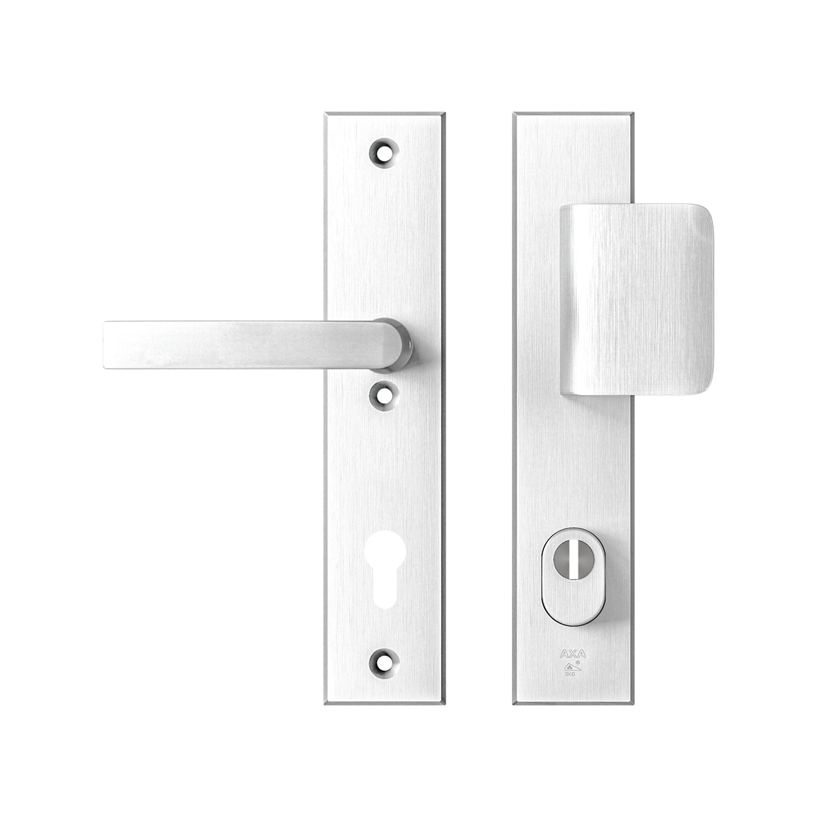 AXA Edge Plus veiligheidsbeslag D-duwer+kruk blok PC92 aluminium zilver – vooraanzicht