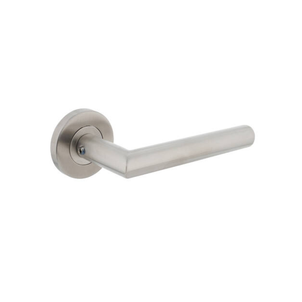 Intersteel deurkruk hoek 90° geveerd stalen rozet Ø53x8mm RVS – vooraanzicht