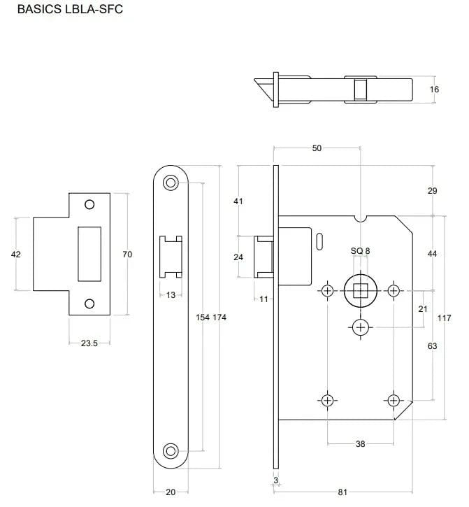 Formani BASICS LBLA-SFC loopdeurslot – technische tekening met maatvoering