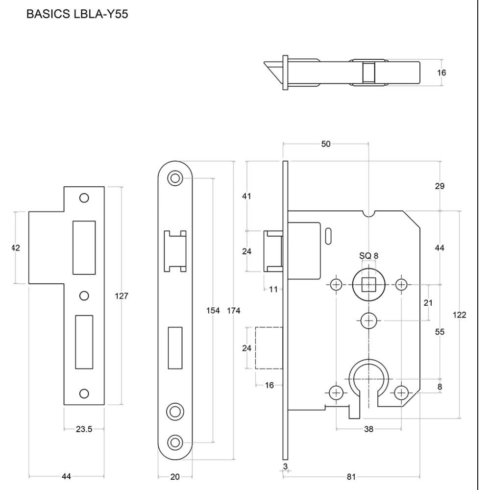 Formani BASICS LBLAY55 cilinderslot technische tekening met maatvoering
