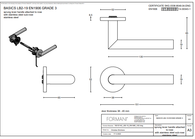 Formani deurkruk BASIC LB2-19 op ronde rozet PVD mat roestvast staal gemonteerd