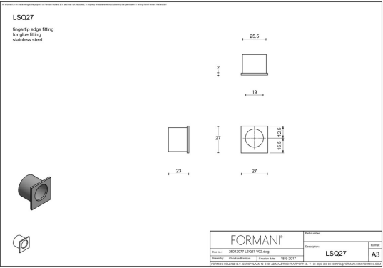 Formani schuifdeurkom LSQ27 27 mm in brons, vooraanzicht