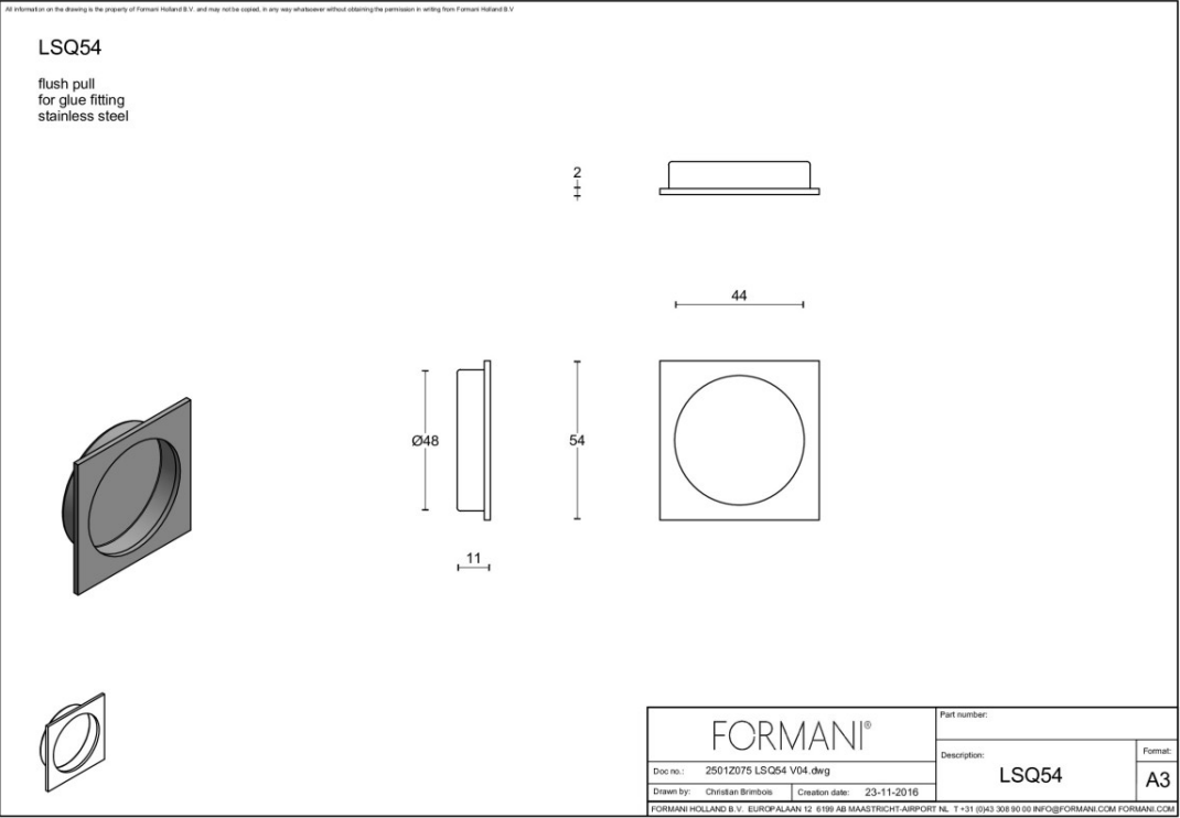 Formani schuifdeurkom LSQ54 54 mm in PVD mat goud, vooraanzicht