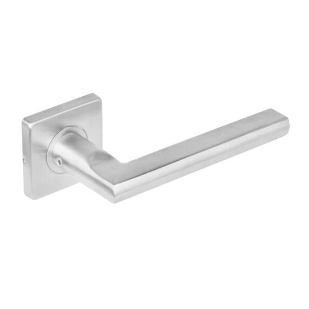 Intersteel deurkruk Hoek 90° plat op vierkant rozet RVS geborsteld – vooraanzicht