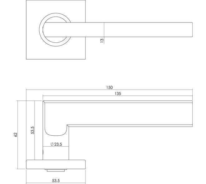 Intersteel deurkruk Hoek 90° op vierkant rozet RVS geborsteld – detail