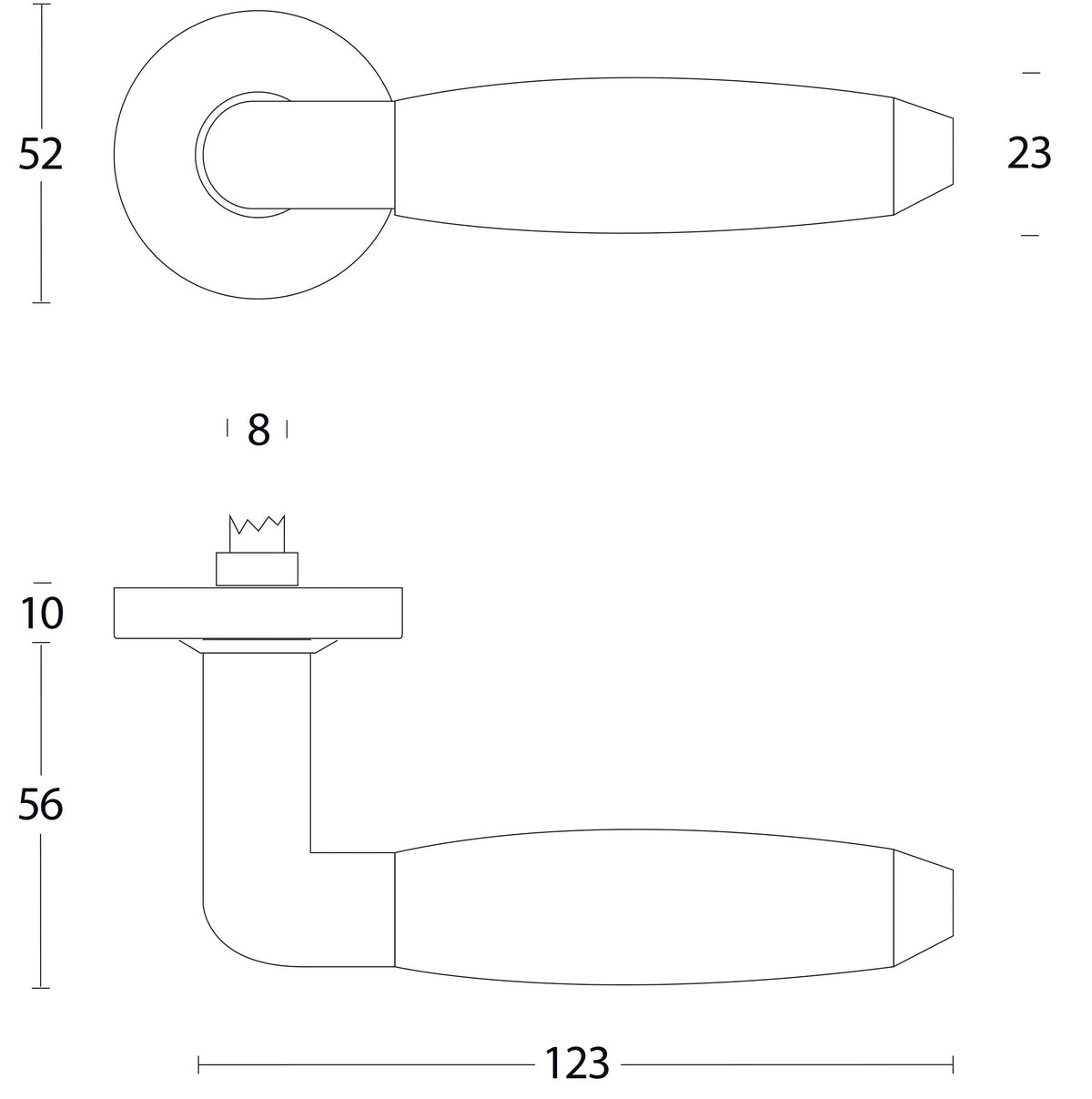 Intersteel deurkruk Combi rvs met zwart lijntekening met maten