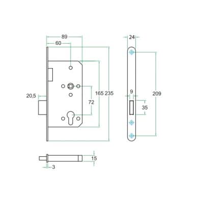 Artitec Kastslot RVS PC72 mm KL3 maattekening