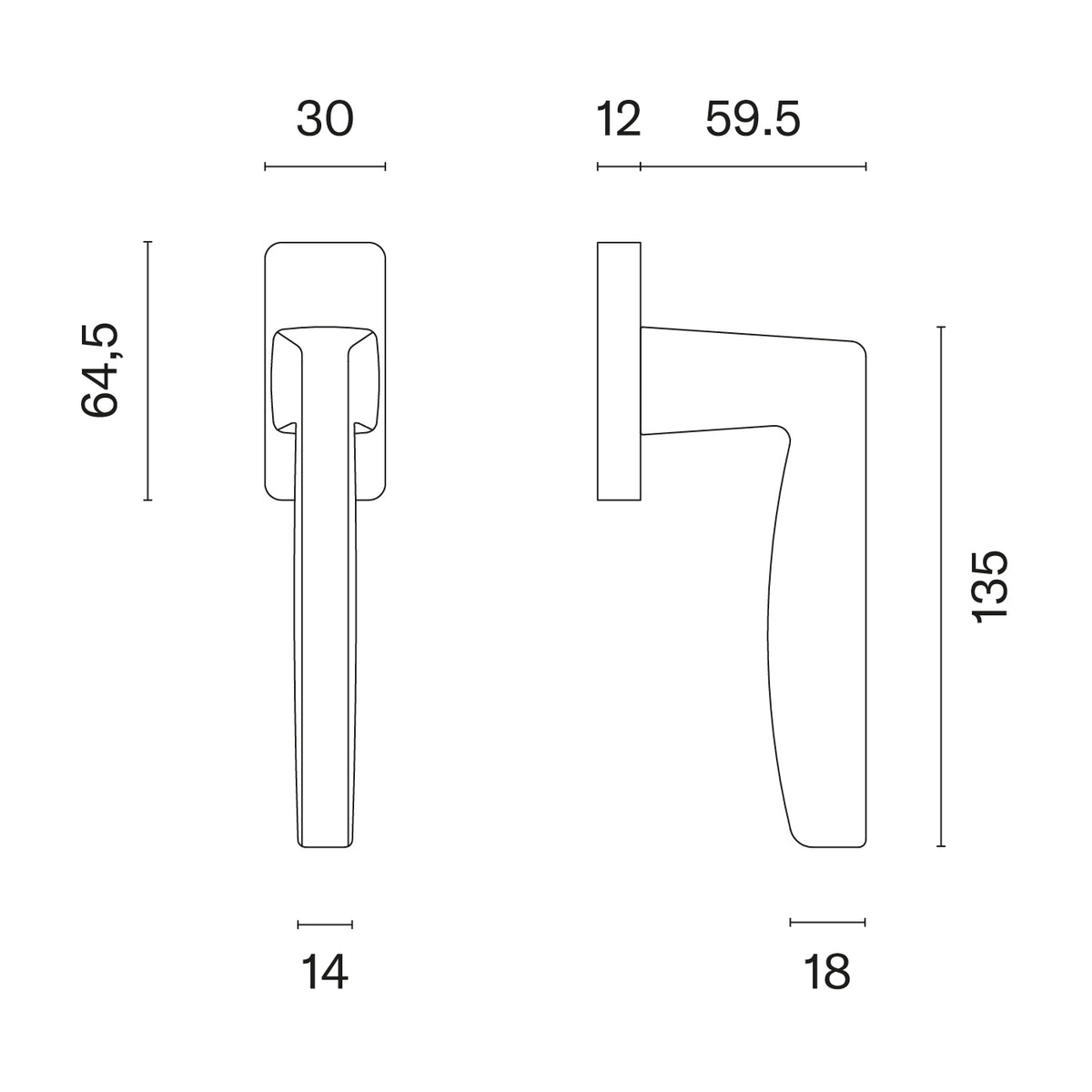 Aprile raamkruk Erba Q technische tekening met maatvoering