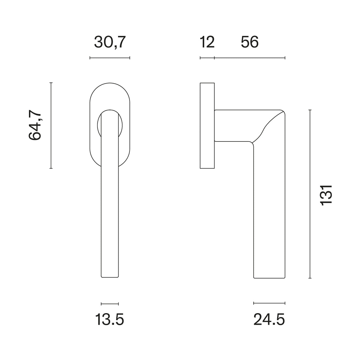 Aprile raamkruk Kalmia R technische tekening met maatvoering