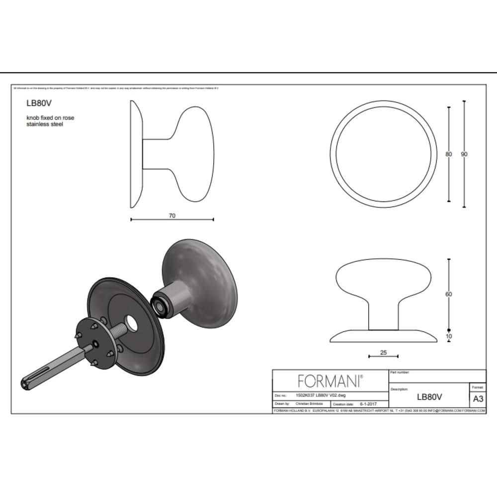 Formani voordeurknop LB80V op rozet rvs – detail