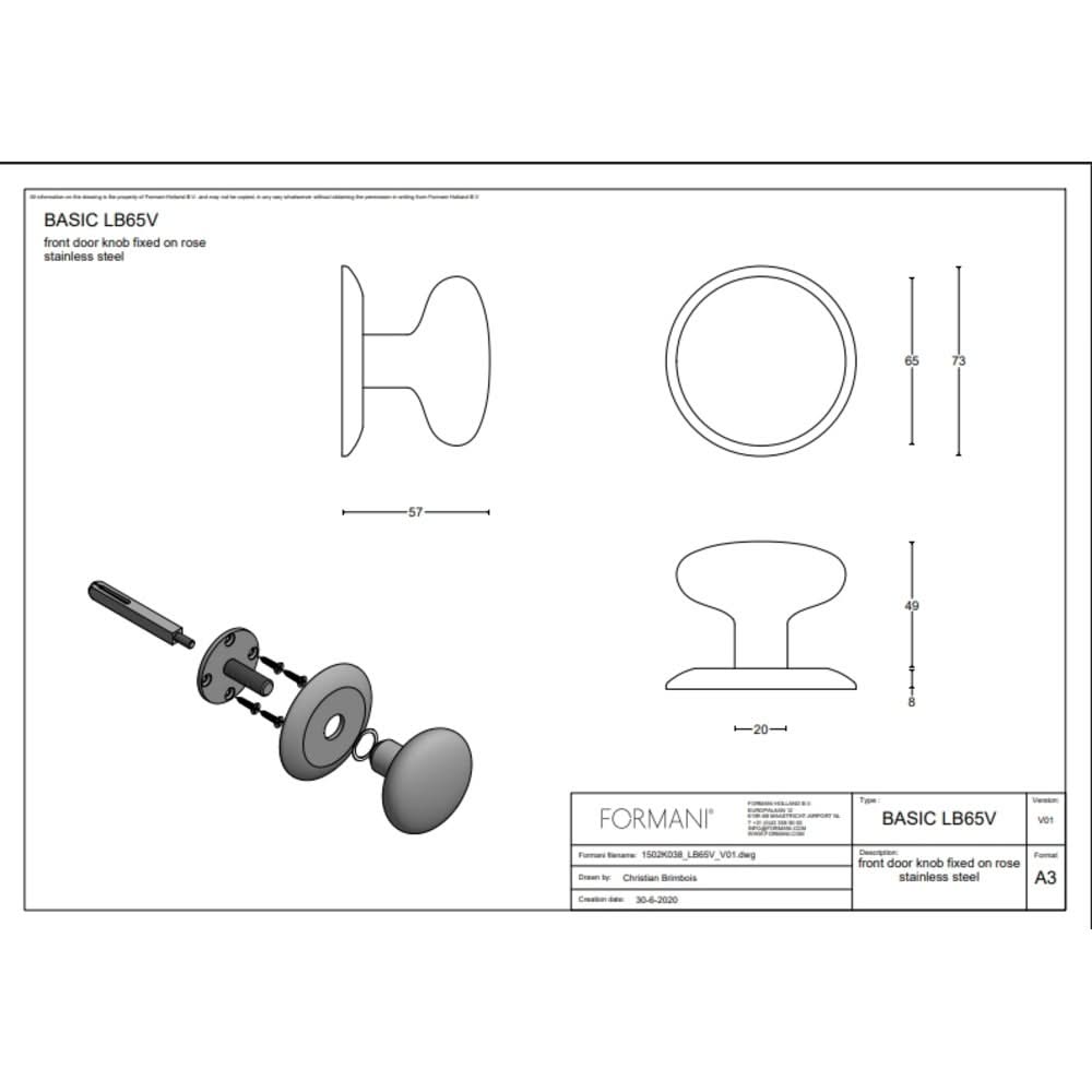 Formani voordeurknop LB65V op rozet rvs – detail