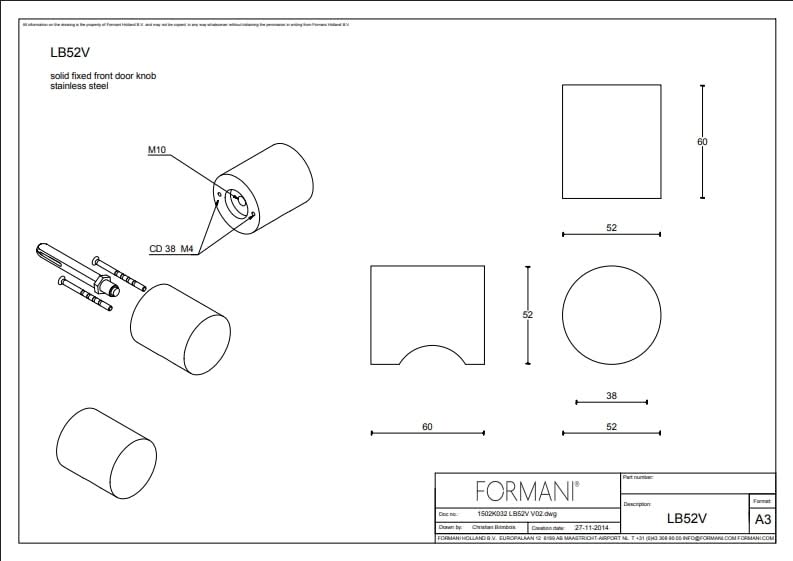 Formani voordeurknop LB52V op rozet rvs – detail