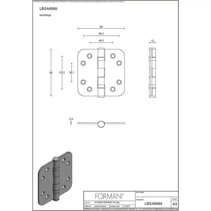 FORMANI kogellagerscharnier 89x89 mm afgeronde hoeken lijntekening met maatvoering