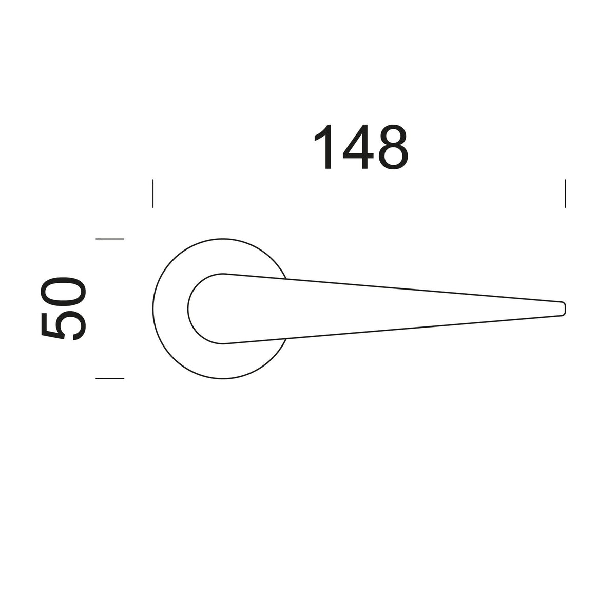 Technische tekening DND deurkruk Iki op ronde rozet – maatvoering en ø50 mm rozet