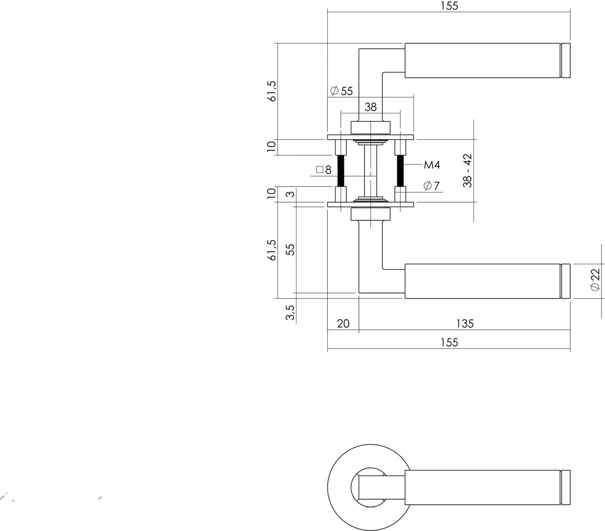 Deurkruk Bau-Stil ronde magneet-rozet RVS - zijaanzicht