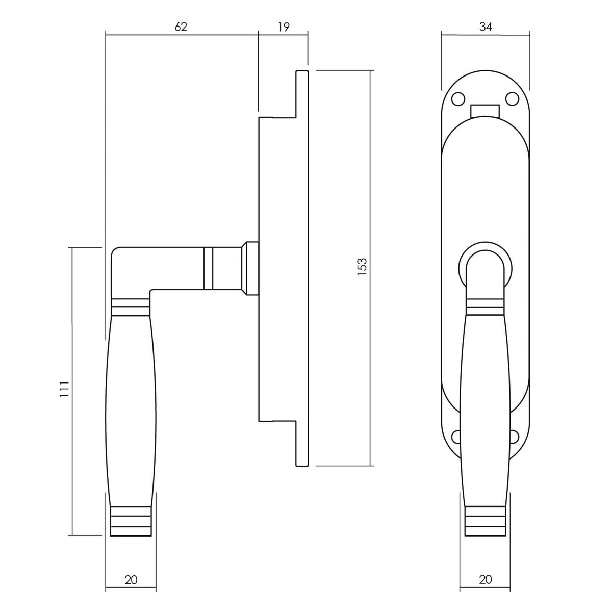 Intersteel kruk-espagnolet Ton 222 links nikkel/ebbenhout – detail
