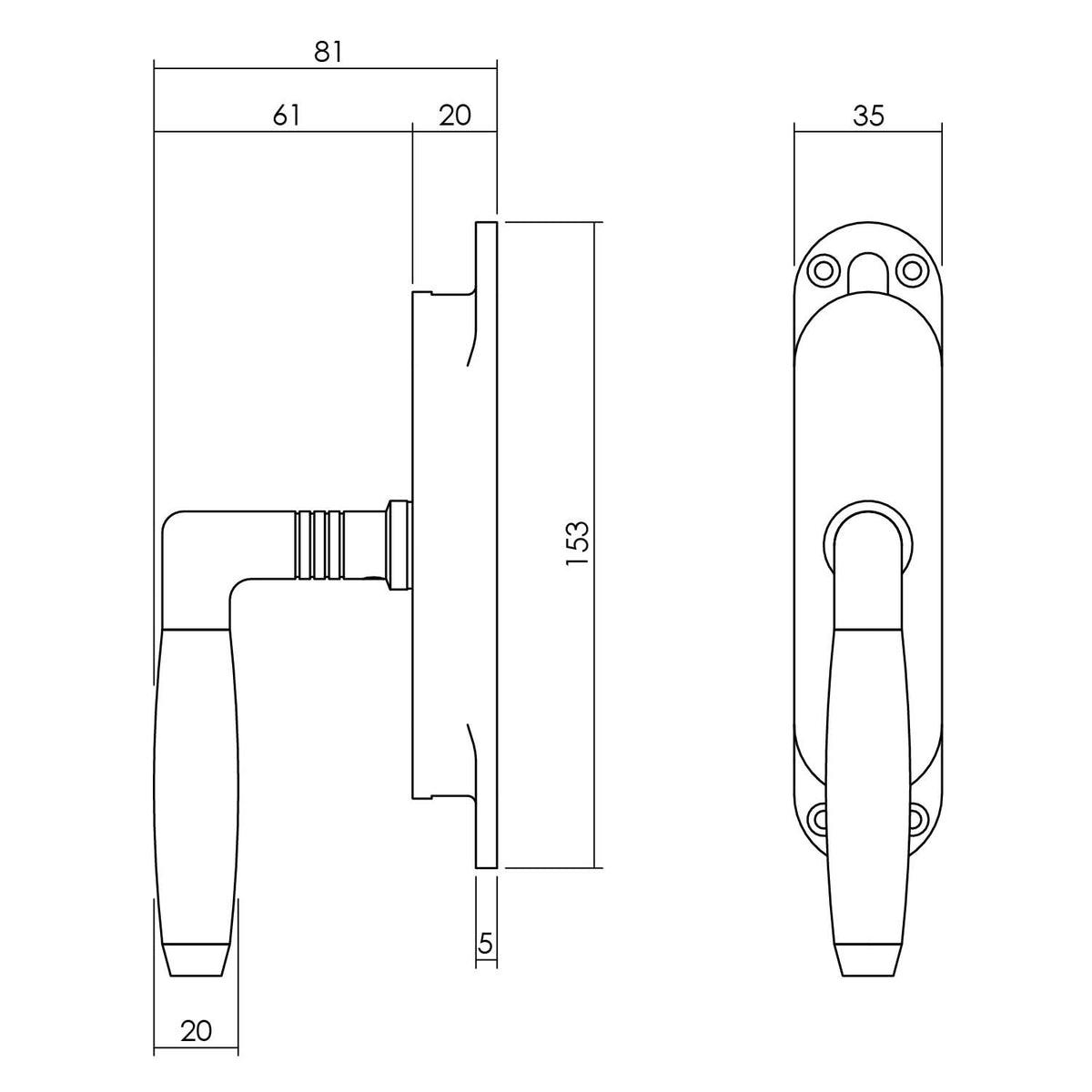Intersteel kruk-espagnolet Ton 400 rechts nikkel/ebbenhout – detail