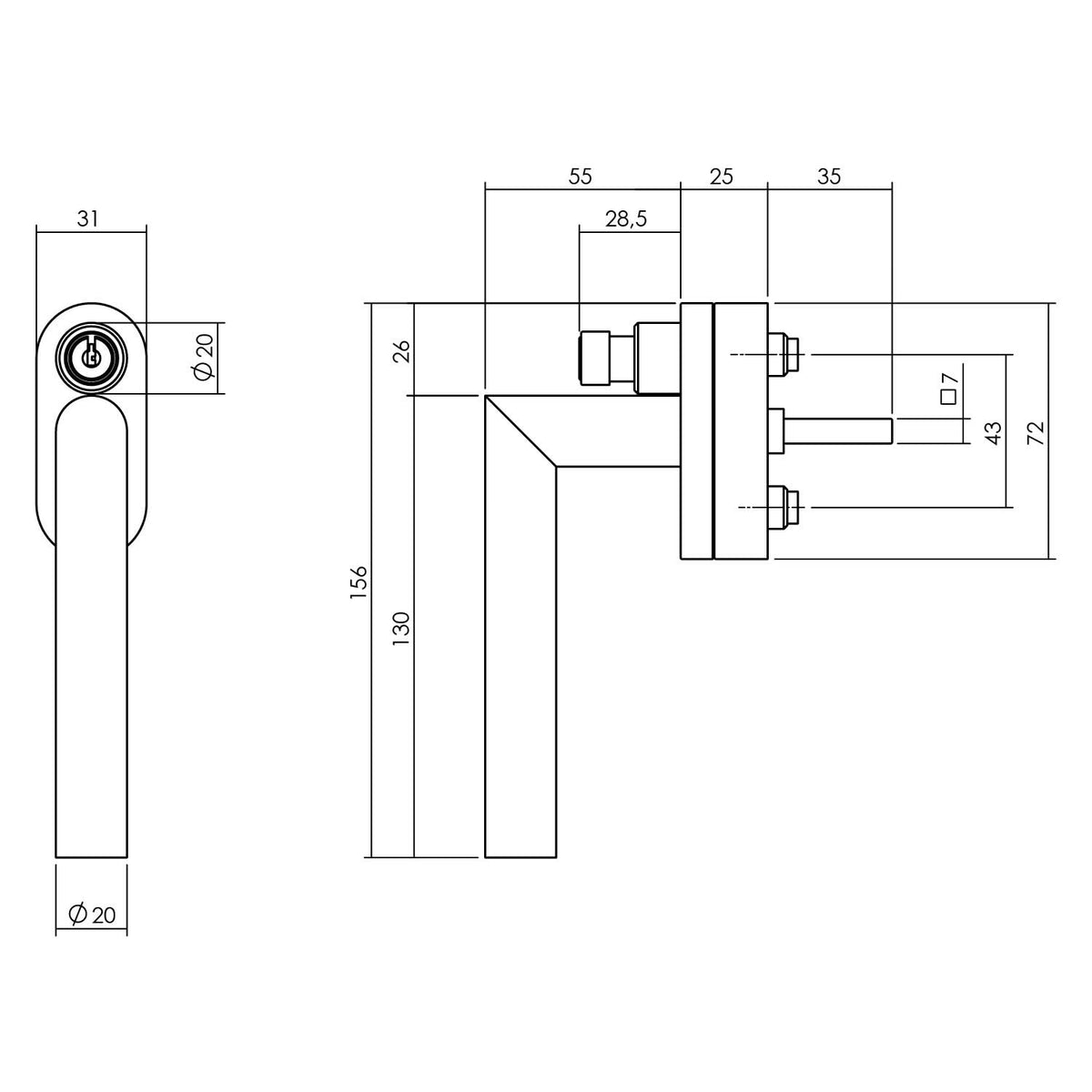 Intersteel raamkruk hoek afsluitbaar SKG rvs geborsteld detail