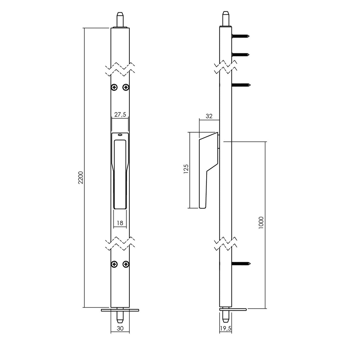 Intersteel Deurespagnolet niet afsluitbaar Rechts 2200mm aluminium detail