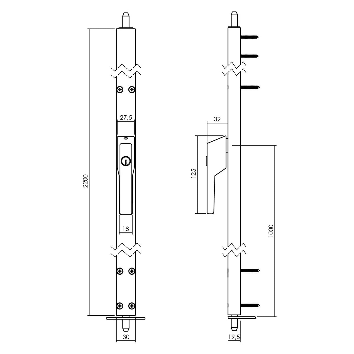 Intersteel deurespagnolet afsluitbaar rechts 2200 mm aluminium detail