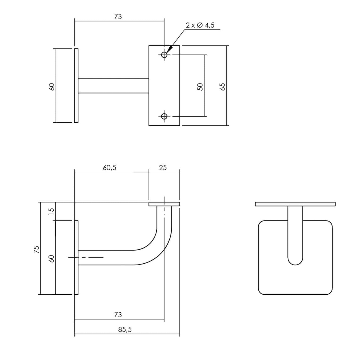 Intersteel leuninghouder gebogen vierkant vlak zwart mat – detail