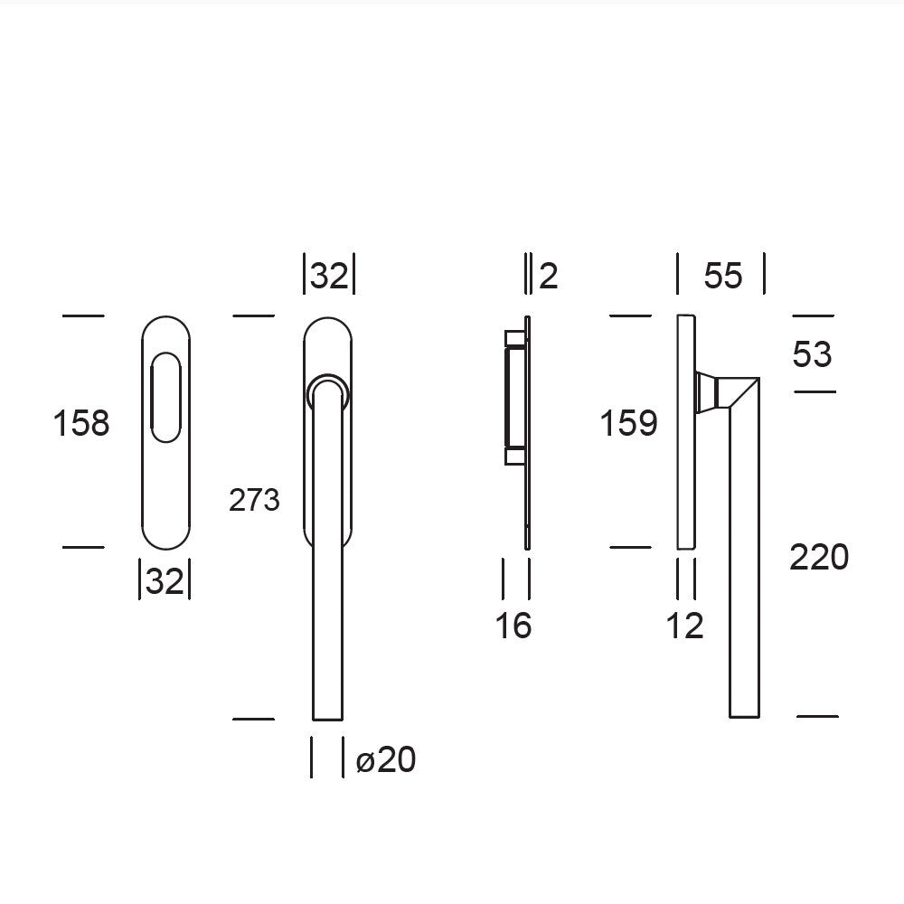 Hardbrass hefschuifdeurgreep Toledo B dubbel PC69 in Inox – technische tekening met maatvoering