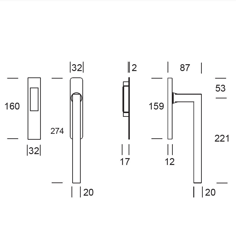 Hardbrass hefschuifdeurgreep Geneve enkel PC69 puur zwart – maattekening