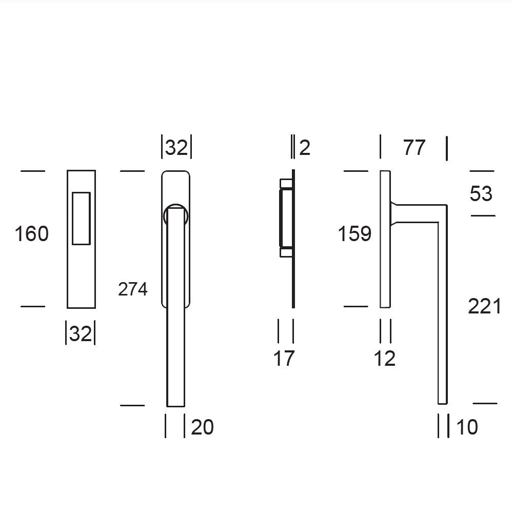 Hardbrass hefschuifdeurgreep Phoenix puur zwart technische tekening met maatvoering