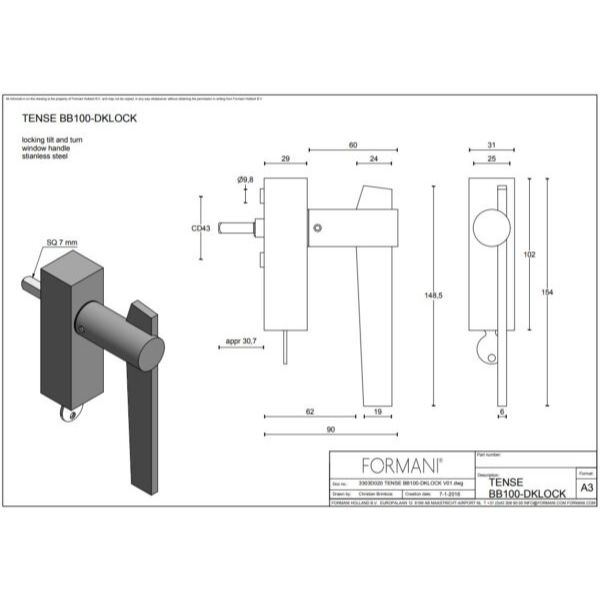 Formani BB100-DKLOCK draaikiepgarnituur brons – detail