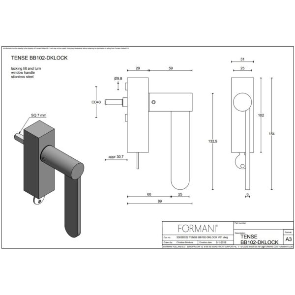 Formani BB102-DKLOCK draaikiepgarnituur mat zwart – detail