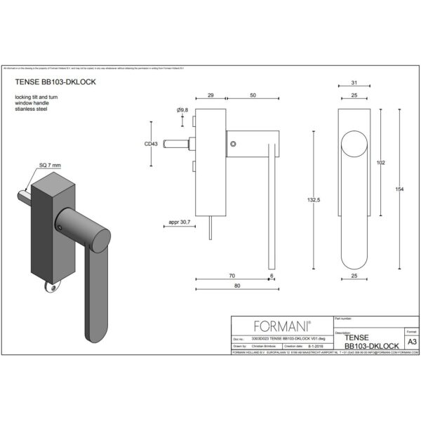 Formani BB103-DKLOCK draaikiepgarnituur mat roestvast staal – detail