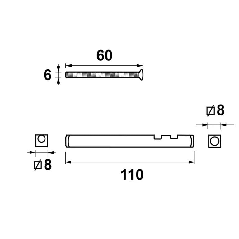 AXA verlengset krukstift 110 mm technische tekening met maatvoering