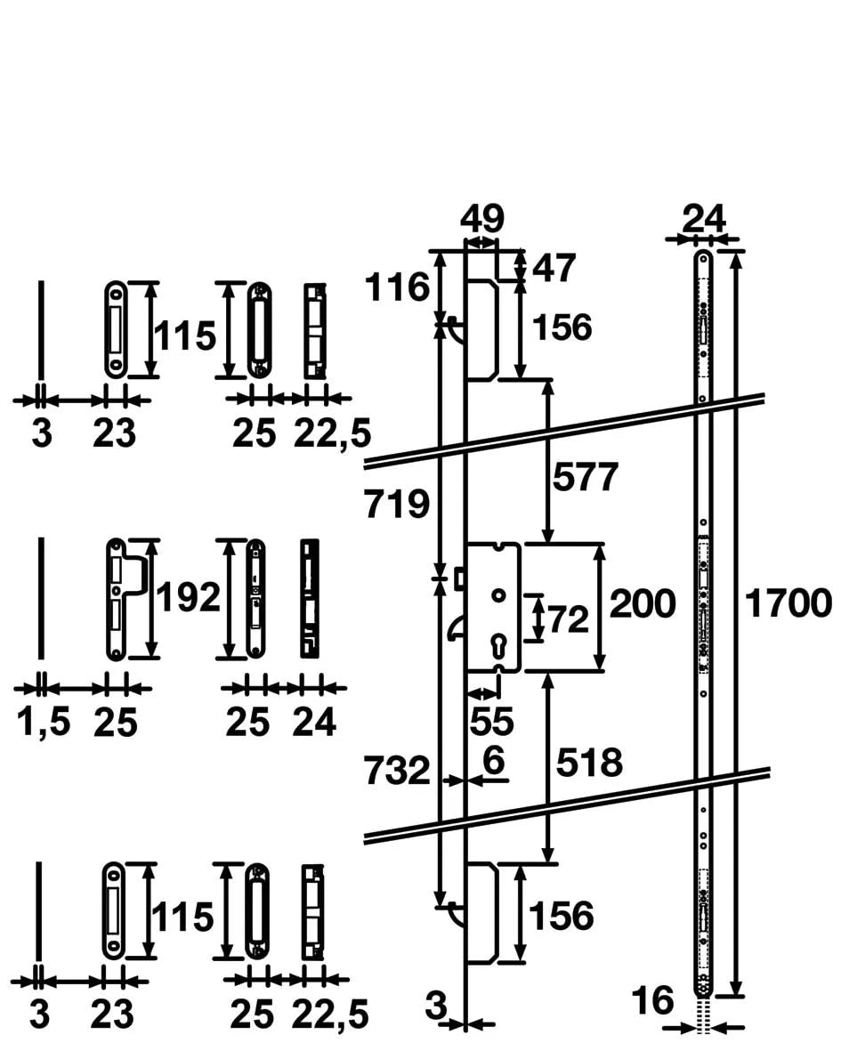 AXA meerpuntssluiting Solid C 1700×24 zwart krukbediend — technische tekening met maatvoering