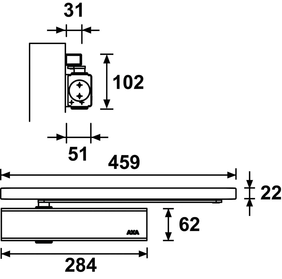 AXA deurdranger 7510 – technische tekening met afmetingen