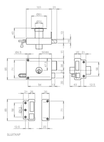 Yale oplegslot 634/635 technische lijntekening
